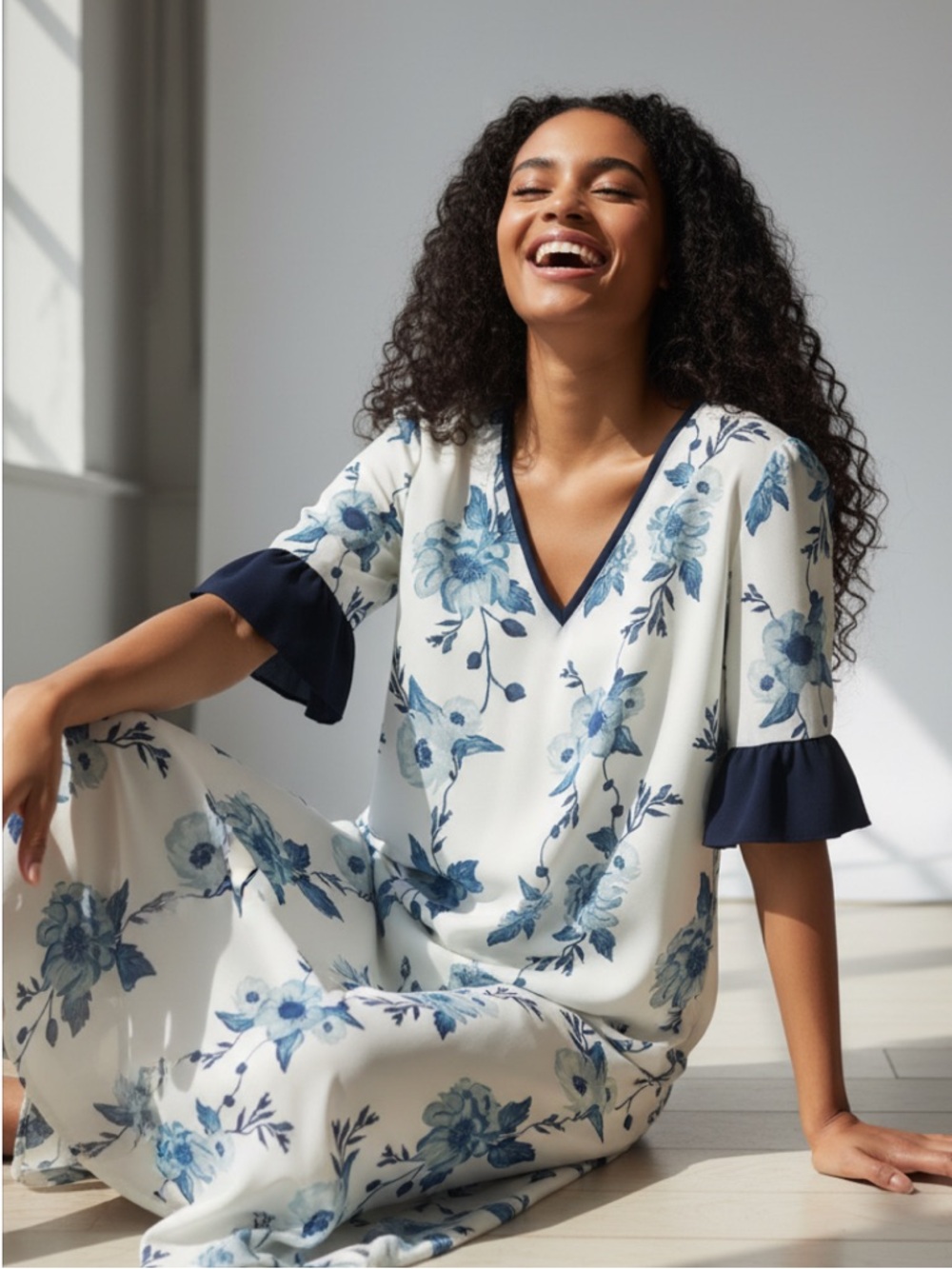 Camilyn Beth V-Neck Blue Floral Midi Dress with Contrasting Cuffs